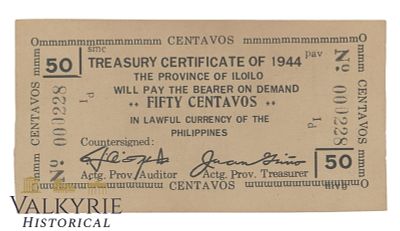 Philippines – Iloilo, 50 Centavos, 1944, Pick S334, AU-, Shipping flat cost $25 it doesn't 
