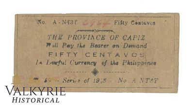 Philippines – Capiz, 50 centavos, 1943, Pick S201a, VG-, Shipping flat cost $25 it doesn't 