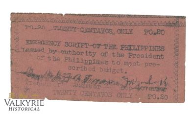Philippines - Emergency Script, 20 Centavos 1943, Pick S122, VG . Shipping flat cost $25 it 