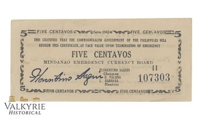 Philippines – Mindanao, 5 Centavos, 1943, Pick S501, VF. Shipping flat cost $25 it doesn't 