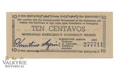 Philippines – Mindanao, 10 Centavos, 1943, Pick S502, XF/EF . Shipping flat cost $25 it doesn't 