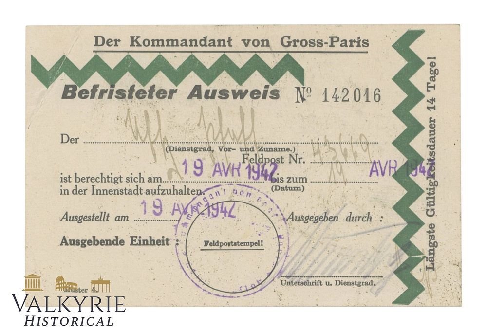 Lot 2: Temporary Passport Issued in 1942 to a German Soldier in Greater Paris Occupied by Germans