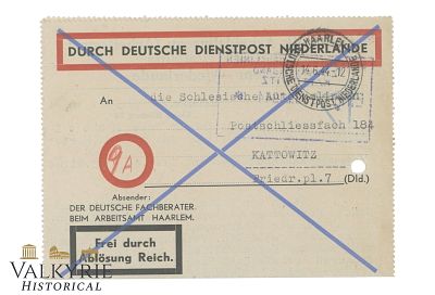Letter Sent in 1944 From German Occupied Netherlands in Haarlem From Employment Office to 