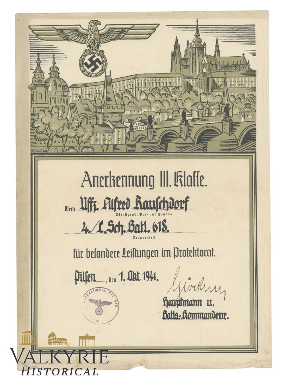 Lot 6: Special Services III Class Certificate Issued in 1941 to a German Soldier in the City of Pilsen