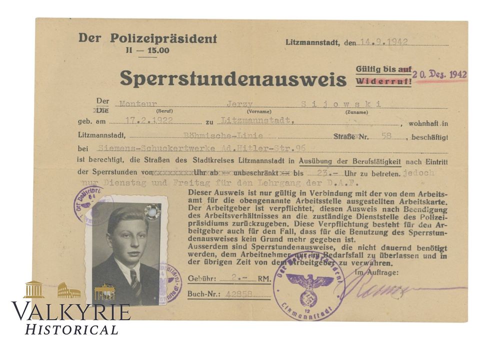 Lot 43: Safe-conduct Issued to Polish Worker by German Police in Occupied Lodz in 1942