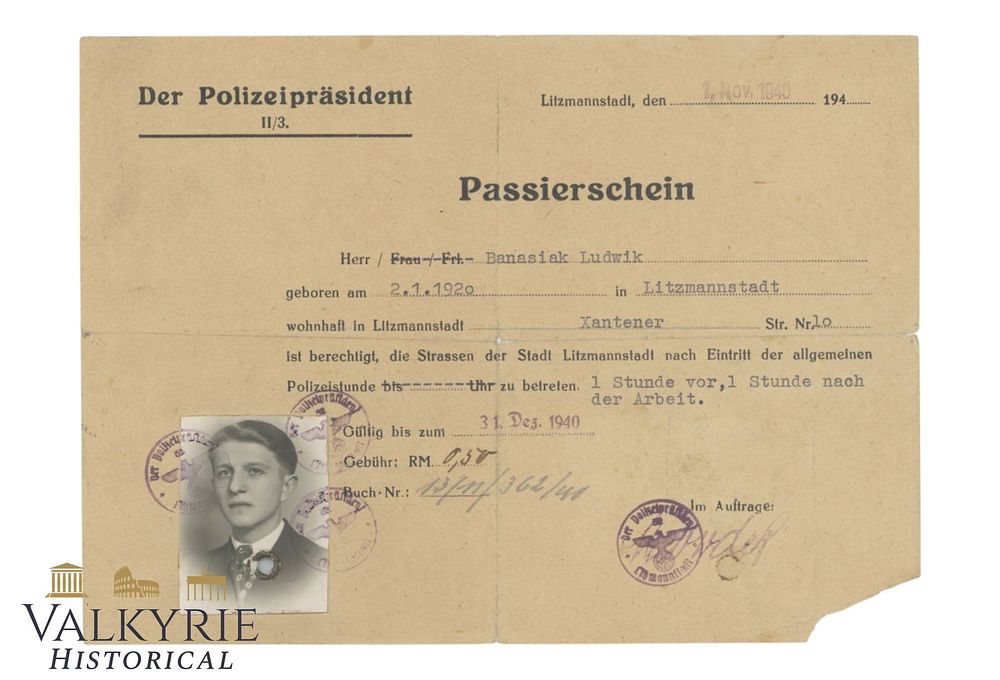 Lot 44: Safe-conduct Issued to Polish Worker by German Police in Occupied Lodz in 1940