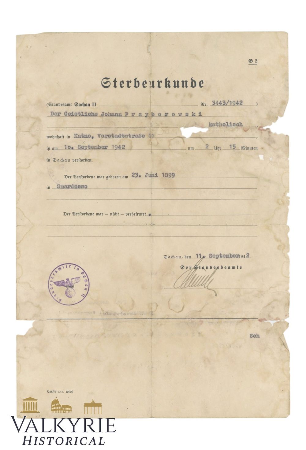 Lot 46: Dead Certificate Issued to a Deceased Polish Prisoner in KL Dachau in 1942