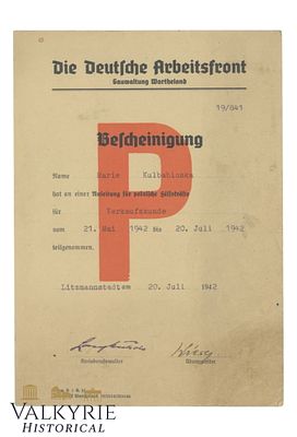 Certificate Issued to a Pole by the German Labor Front About Her Taking Part in Work Instruction. 