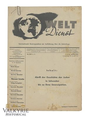 German Anti-Semitic Periodical Called "Welt Service" About Jewish Question - 1941 - Nr. VIII/1 & 2. 