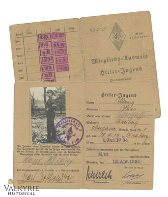 Hitlerjugend Membership Card Issued to a Boy From Freiberg in 1934. It comes with a nice photo 