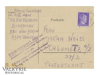 Holocaust -KL Auschwitz - Birkenau Very Rare Postcard from Arbeitslager Birkenau - " Briefaction "