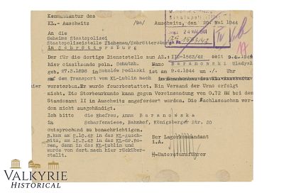 Very Rare Document Sent by KL Auschwitz Kommandantur Regarding the Decease of Polish Inmate 1944. 