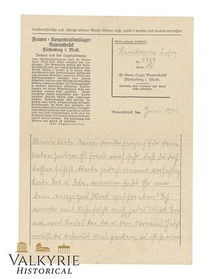 Letter Sent By Prisoner From KL Ravensbrueck in 1941. Letter Sent By Prisoner From KL 