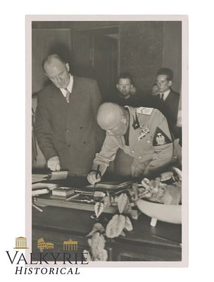 German Postcard Showing Benito Mussolini Signing a Document During Munich Conference of 1938. 