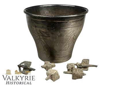 Rare Pre-WWII Judaica Discovery – Engraved Kiddush Cup & 6 Cast Lead Dreidels. Rare Pre-WWII 