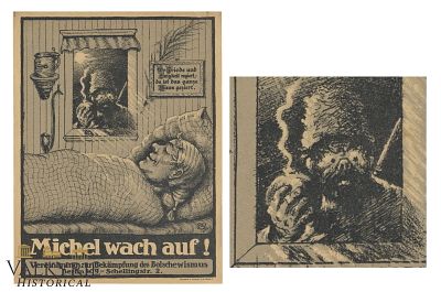 German Anti-communist Poster Entitled "Michel Wake Up!". Published by a German Anti-Bolshevist 