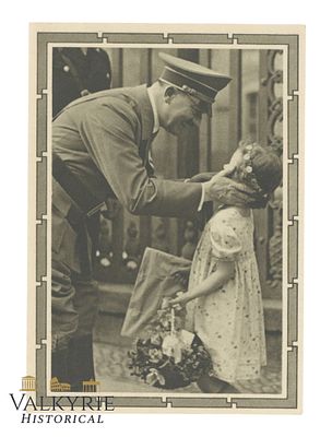 German Propaganda Postcard With Adolf Hitler Greeting a Little Girl Who Carries a Bunch of 