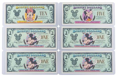The Disneyland 1996 AA Series $1, $5, and $10 Bills. (Disneyland, 1996) Very little changed for 