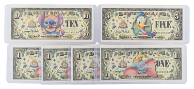 The Disneyland 2005 A First Series $1, $5, and $10 Bills with Barcode. (Disneyland, 2005) With 