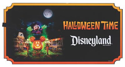 A 2024 Disneyland Resort Halloween Time Sign. (Disneyland, 2024) A sign displayed at the 