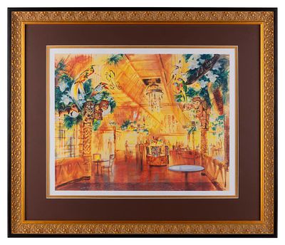 A Tiki Room Restaurant Concept Print. (Disney Gallery, 2000s) A framed print of John Hench's 