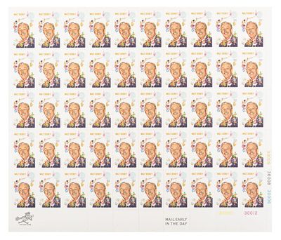 A Full Sheet of Walt Disney 6 Cent Stamps. (USPS, 1968) A complete sheet of 50 unused Walt 