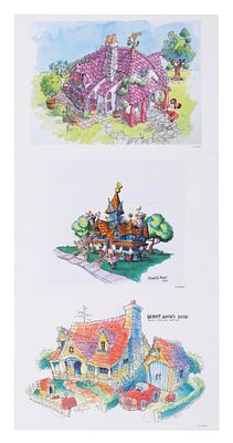 Three Toontown Concept Art Postcards. (Tokyo Disneyland, 1990s) Three postcards featuring 