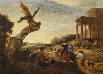 Jan Baptist Weenix: Idyllic Southern Landscape with Travelling Country Folk in front of Roman Temple