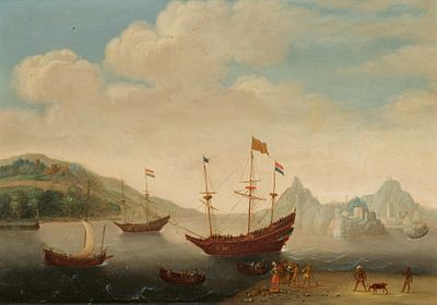 Dutch School: Dutch Merchant Ships at a Haven Overseas. DUTCH SCHOOL 17th C. Title: Dutch 