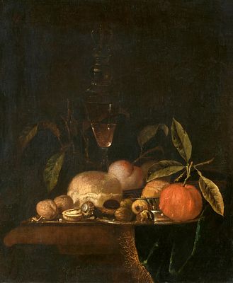 Juriaen van Streek: Still Life with a Glassy Lid Cup as well as an Orange, Walnuts and Bread on a Si