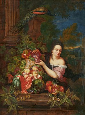 Hieronymus Galle: Park Scenery with Elegant Lady Next to a Marvellous Fruit Stilllife. GALLE 