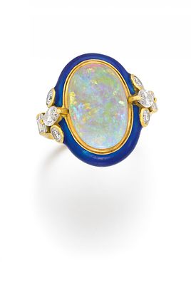 René Kern: Opal-Diamant-Emaille-Ring. KERN, RENÉ Opal-Diamant-Emaille-Ring. Herkunft: 