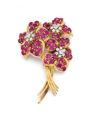 Korund-Diamant-Brosche "Blumenstrauß". KORUND-DIAMANT-BROSCHE "BLUMENSTRAUß". Herkunft: 