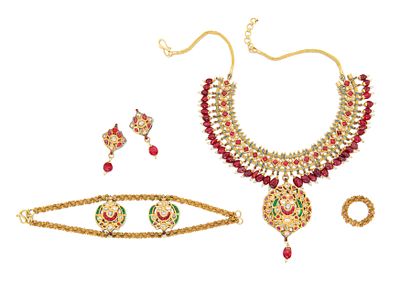 Emaille-Farbstein-Set: Collier, Ring, Ohrschmuck und Armband. EMAILLE-FARBSTEIN-SET: COLLIER 