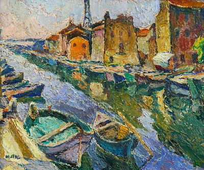 Mela Muter: Rh&ocirc;neufer mit Booten. MUTER, MELA
1886 Warschau - 1967 Paris Title: Rh&ocirc;neufer 