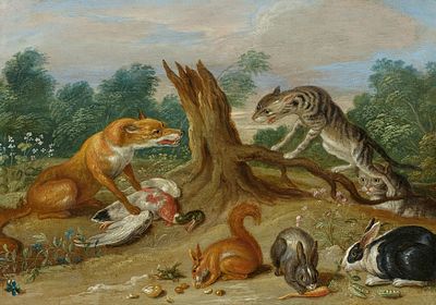 Jan van Kessel t.E.: Forest Landscape with Fox and Cats Fighting over a Duck. KESSEL T.E. , JAN 