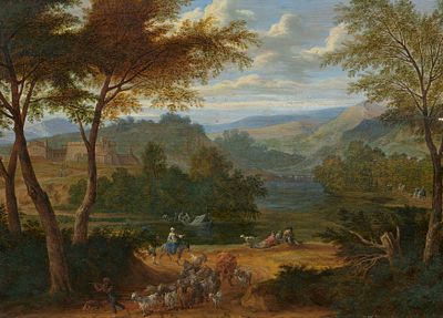 Pieter Bout: Southern River Landscape with Shepherds and Ferry Boat. BOUT , PIETER 1658 