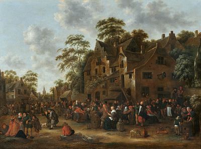 Klaes Molenaer: A Village Street with a Group of Revellers in front of a Guesthouse. MOLENAER 