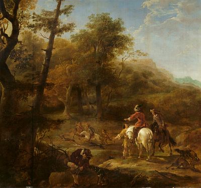 Nicolaes Pietersz Berchem: Deer Hunt in the Hilly Woodland. BERCHEM , NICOLAES PIETERSZ 1620 