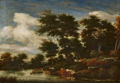 Jacob Salomonsz. van Ruysdael: Forest Landscape with Cows on the Riverbank. VAN RUYSDAEL , JACOB 