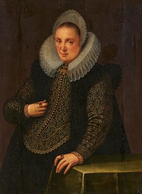 Gortzius Geldorp: A Bust Portrait of a Young Woman Standing in a Black Brocade Dress with a 