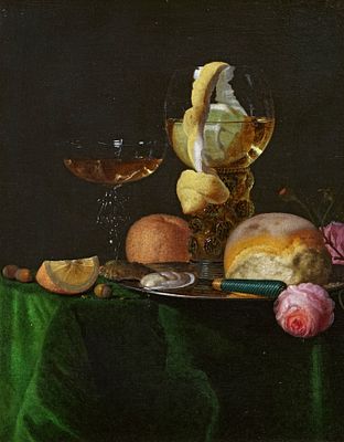 Simon Luttichuijs: Still Life with a Lemon in a Roman Jug, an Oyster, Bread and a Knife. LUTTICHU 
