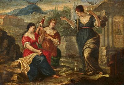 French School: The Three Fates. FRENCH SCHOOL 17th c. Title: The Three Fates. Technique: Oil on 