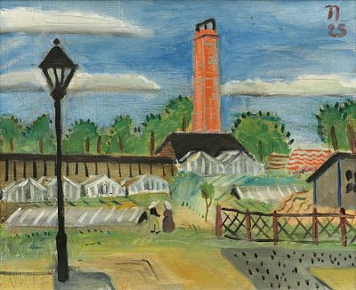 Ernst Wilhelm Nay: Landschaft mit Laterne und Schornstein. NAY , ERNST WILHELM 1902 Berlin–1968 