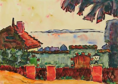 Karl Schmidt-Rottluff: "Geh&ouml;ft an der Bucht". SCHMIDT-ROTTLUFF , KARL 1884 Rottluff–1976 Berlin 