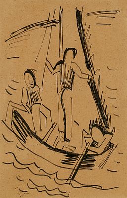 Karl Schmidt-Rottluff: Drei M&auml;nner im Boot. SCHMIDT-ROTTLUFF , KARL 1884 Rottluff–1976 Berlin 
