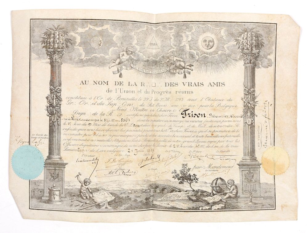 [FRANC-MACONNERIE]. Collection de 5 dipl&ocirc;mes de franc-ma&ccedil;onnerie 
Le premier 