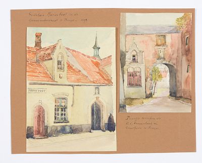 [BRUGGE]. Godshuis Mariu Voet in de Kannemakerstraat Brugge/ Poortje tusschen de O.L.V. kerk en 