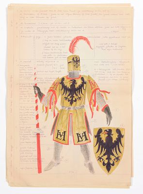 BRYS, Arno. 17 ontwerpen van kostuums voor het Groot Tornooi, Brugge (1974) Bladen met ontwerpen 