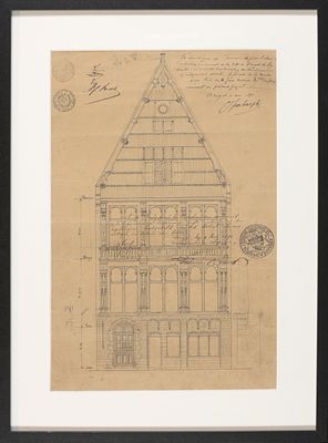 [BRUGGE]. Architectuur tekening 'Lucas Huys', Minderbroederstraat 10 Tekening (44 x 29 cm) van 
